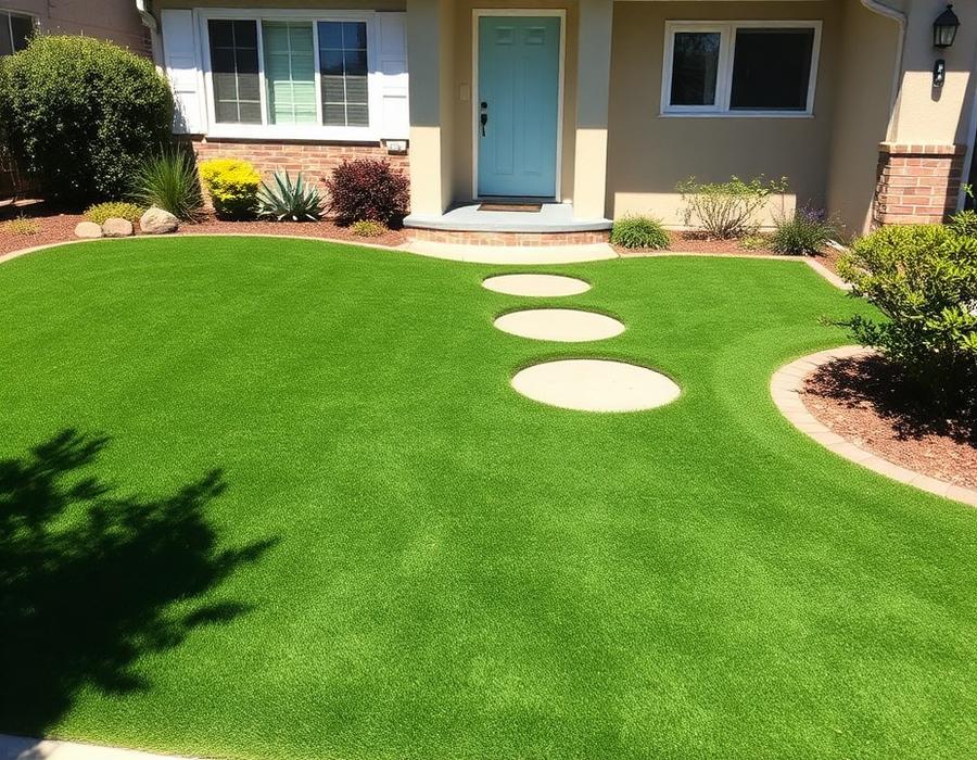 Front yard with newly installed synthetic grass lawn