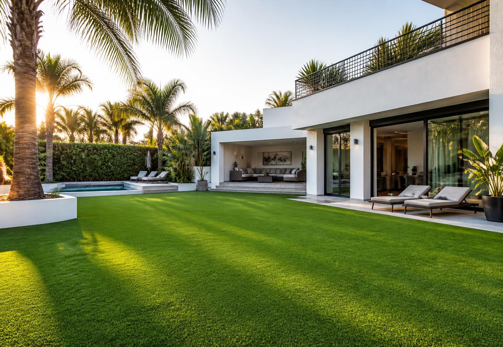 Newly installed artificial grass lawn in a modern Los Angeles backyard