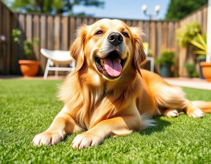Dog resting on clean pet-friendly artificial turf in a Los Angeles backyard